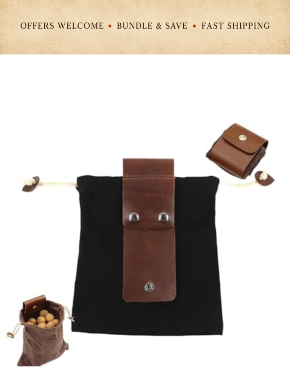 Foldable Canvas Belt Bag Water Resistant PU Leather Pouch for Hiking Camping